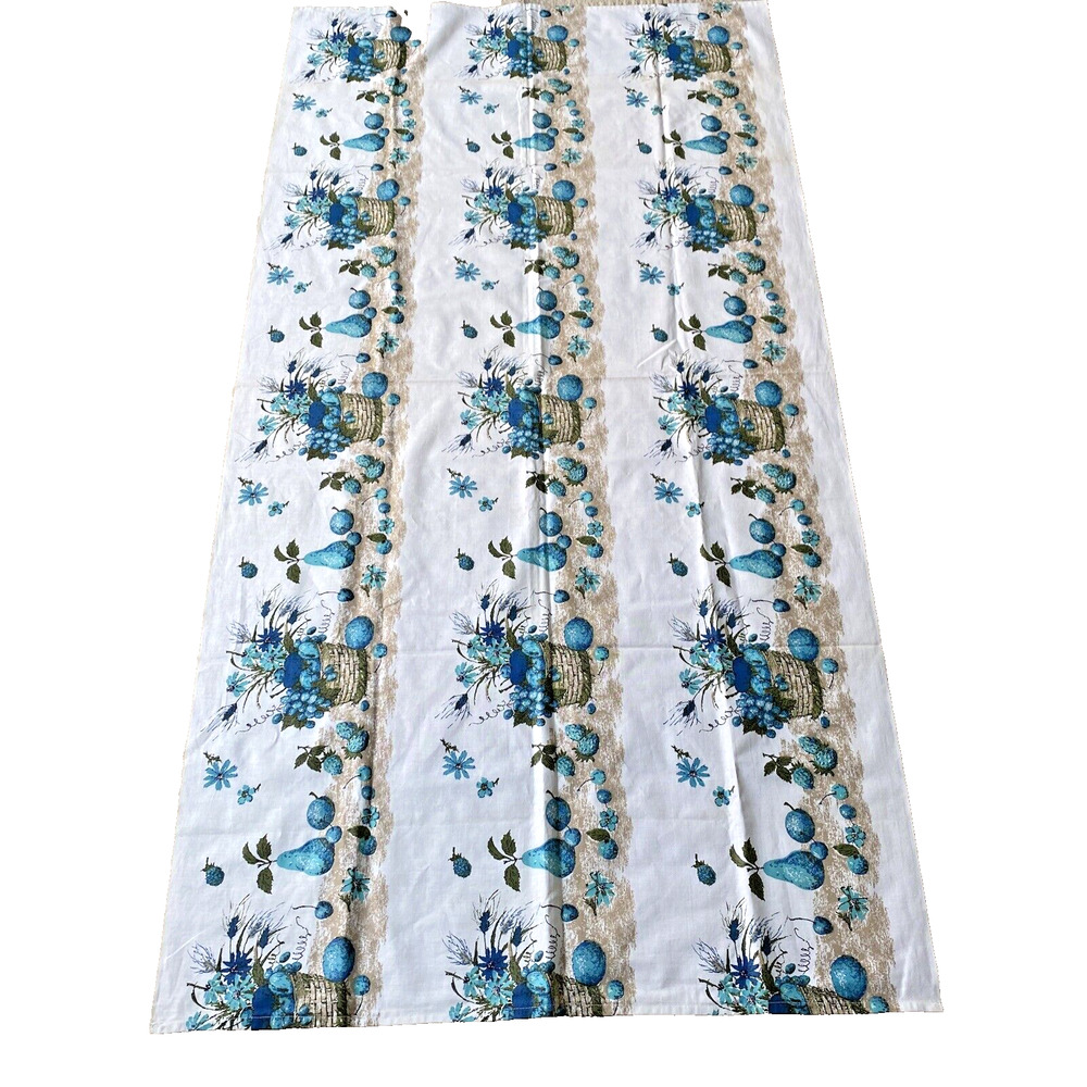 Vintage Tablecloth 70’s Handmade Picnic Buffet Cloth Aqua Blue Tan Fruit Basket